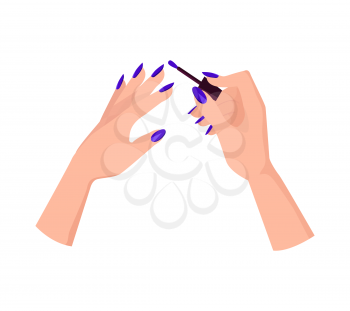 Female hands with neat blue rounded manicure hold small brush from bright nail polish isolated cartoon flat vector illustration on white background.
