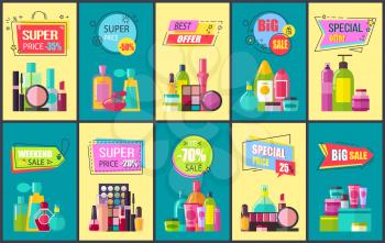 Super price best offer sale vector illustration of advertising banners with various care products in colorful vials isolated on blue and yellow backdrop