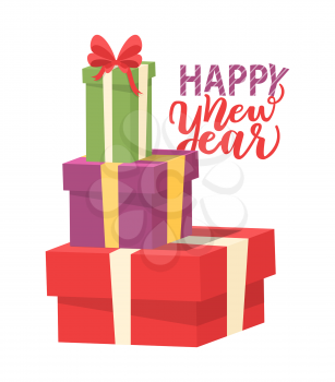 Happy New Year greeting card with pile of presents isolated. Packages in red, purple and green wrapping, heap of gifts with bow, vector boxes, shopping