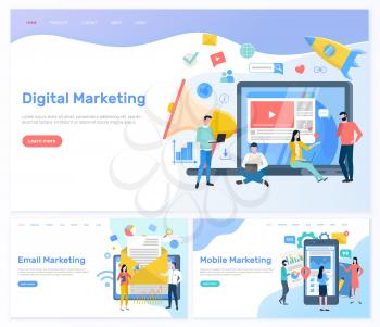 Digital and email, mobile marketing working people vector. Web and internet usage for promotion, rocket and startup of company, workers busy with work