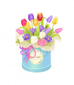 Bouquet and box with flowers container and ribbon with box, tulip and gerbera, roses and bell-flower, vector illustration isolated on white background