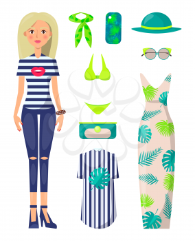 Blonde girl with stylish summer clothes. Long dress, green swimsuit, small purse, short striped dress and bright accessories vector illustrations set.