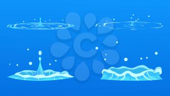 Cartoon splashes vector illustrations on blue background. Liquid and drops that splatter all around and make round waves. Pure fresh water in natural condition. Raindrops that fall into puddle.