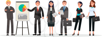 Best managers group with black briefcases, reports on paper or tablets. Vector illustration flat design of team leaders office workers