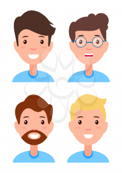 Set of men faces, character constructor different hairstyles, accessories glasses, beard and moustache, positive and frustrated male emotions vector
