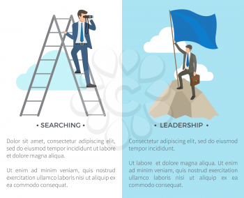 Searching and leadership, man standing on ladder and looking through binocular and person with flag on mountain on vector illustration