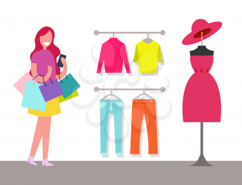 Hangers with varied clothes and cheerful customer, pink dress and big oval hat, pair of trousers and shirts, happy woman with bags vector illustration