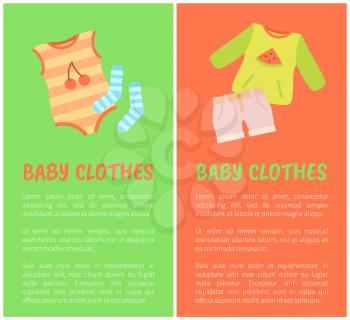 Baby clothes two color cards, vector illustration with baby suit, shorts and socks, t-shirt with watermelon print, child clothing set, text sample
