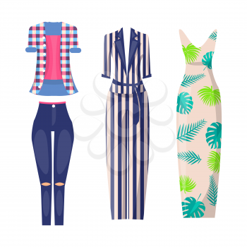 Elegant and casual fashionable summer looks set. Ripped jeans with checkered shirt, classy suit and long dress with floral print vector illustrations.