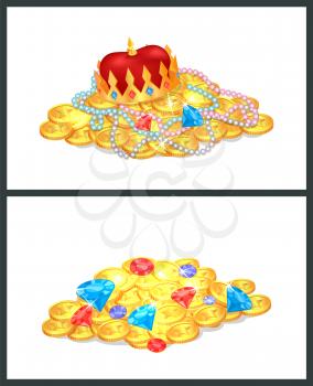 Gold ancient royal treasures in big heaps set. Luxurious king crown, precious jewelry and expensive gems. Mysterious treasure vector illustrations.