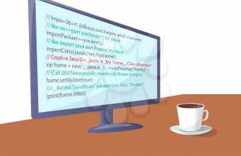 Wide modern screen with program code on table. Big screen with program under development and cup of hot coffee on desk cartoon vector illustration.