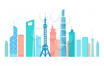 Asian modern city silhouette with high skyscrapers. Modern city with contemporary architecture. Colorful buildings of Asian town vector illustrations.