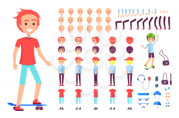 Cheerful teenager on skateboard vector poster, illustration with body parts in various poses, emotion set, clothes and teenager accessories collection