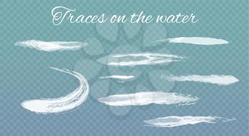 Traces on the water, colorful vector illustration isolated on transparent background, calligraphic font, text sample, varied shape traces collection