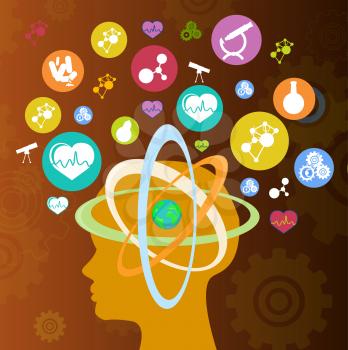 Humans profile with Earth inside atom model in head and scientific icons related to Physics with Astronomy, Chemistry and Biology vector illustration.