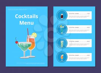 Cocktail menu advertisement poster with prices vector illustration of drinks, their ingredients, types and price on blue background in brochure
