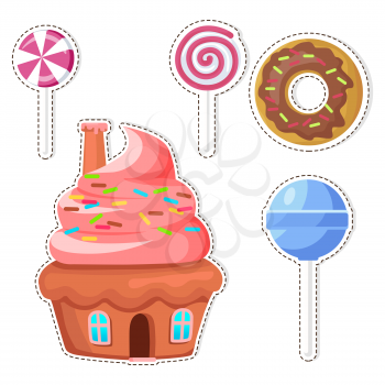 Cartoon sweets stickers or icons set. Colorful lollipop candy on stick and glazed donut flat vector isolated on white background. Cupcake house illustration outlined with dotted line