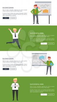Businessman and successful man collection posters with text. Isolated vector illustration smartly-dressed male adults posing and giving presentations