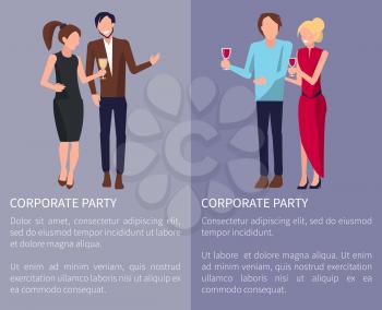 Corporate party poster with men and women dancing and having drinks at party. Vector illustration with colleagues at disco on purple background