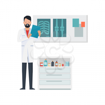 Doctor with notebook, x-rays and bottles with liquids, standing in laboratory, reading results of patients and smiling vector illustration