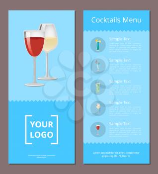 Cocktails menu advertisement poster design with alcohol drinks with straws and lemon, list of beverages place for your logo design on blue background