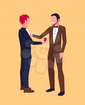 Icon with two smiling males in middle of conversation, one of them has glass of wine. Vector illustration of two men in suits isolated on orange background