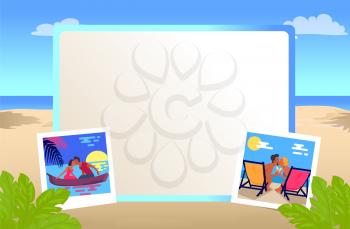 Empty photo frame with couples on romantic dates that kisses on beach in recliners and on canoe at sunset during vacation vector illustration.