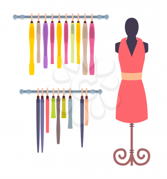 Shop window in women clothing store mannequin in pink dress, rows of garment hanging on shelves vector illustration showroom design isolated on white