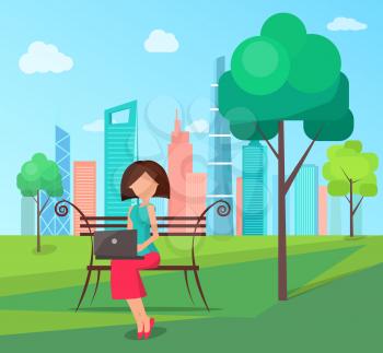 Woman on bench with laptop in green city park. Girl with modern device in park among trees with skyscrapers on horizon cartoon vector illustration.
