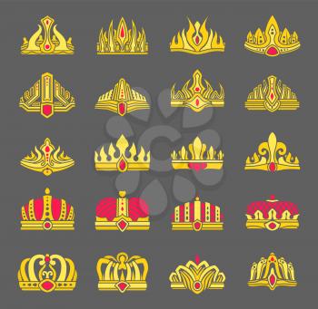 Gold crowns inlaid with rubies for royalty set. Heraldic royal symbols of power. Gorgeous crowns and elegant diadems isolated vector illustrations.