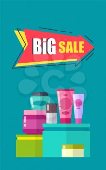 Big sale advertising card vector illustration with lot of glossy vials with care products, bright red sticker with text, banner isolated on blue backdrop