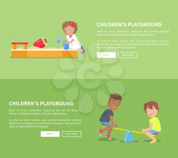 Childrens playground set of posters with sandbox and kid playing with basket and shovel,boys having fun on swings set of vector illustrations on green background