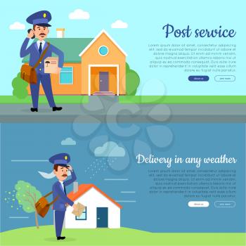Post service web banners set with cartoon postman. Postal couriers delivers letter and parcel in suburb and stormy weather flat vector illustrations. Horizontal concepts for mail company landing page