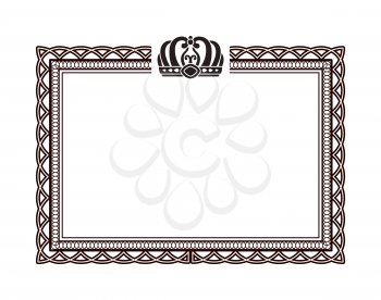 Vintage rectangular frame with crown logo on top. Elegant framework for documents and certificates with monarch crown isolated vector illustration.