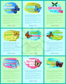 Sale spring discount labels on online poster butterflies with dots, ornaments and antenna, morpho springtime creatures vector promo label sale concept