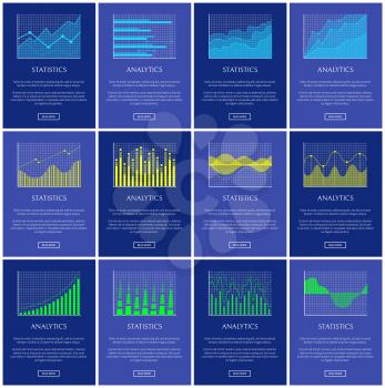 Analytics and statistics chart vector illustration, lines dots and waves graphics, graphical charts collection isolated on blue, statistics diagrams
