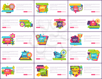 Internet pages set special promotion premium total sale labels on horizontal posters, cartoon flowers vector blooming buds final sale online banners