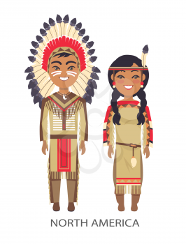 North america traditional costumes in which man and woman are dressed, title of image placed below on vector illustration isolated on white