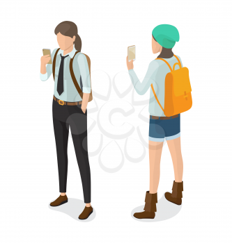 High school pupil in black trousers, in shirt and tie with rucksack watching on smartphone vector. Student or college girl cartoon character isolated