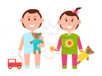 Two pretty children with various toys color banner, white backdrop, bright blue suit, cute teddy bears, red car, flower on blouse, vector illustration