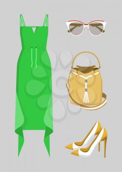 Beautiful green dress with various accessories, vector illustration with cute sunglasses, yellow bag with rope, pair of pretty shoes with high heels