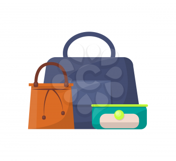 Summer mode, collection of bags, bags set of different shape, colors and size, womens handbags with handles, vector illustration isolated on white