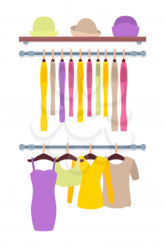 Womens clothing store shop window with clothes hanging on hangers and hats on racks vector illustration of dress, blouses and t-shirts isolated on white