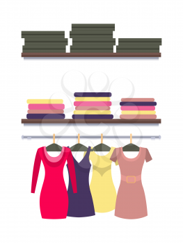 Racks with clothes packed in boxes, vector of dresses isolated on white, modern garment for females. Women s clothing store shop window, clothes gowns