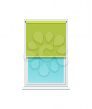 Plastic window and stylish textile green jalousie. Interior design element made of fabric. Bright shutter on big plastic window vector illustration.