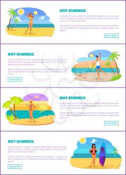 Hot summer collection of pages headline and text sample, women and men, hot summer set, palms and sea vector illustration isolated on white background