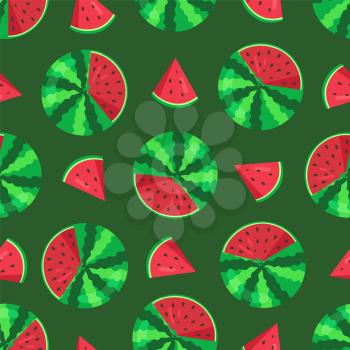 Watermelon seamless pattern slices and watermelon with seeds, pattern with juicy fruit, rounded plant vector illustration isolated on green background