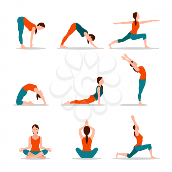 Yoga collection of poses, set of poses yoga, lotus and woman activities, lunges and workout exercises vector illustration isolated on white background