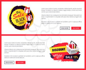 Black Friday sale off promo stickers, advertising coupons with gift boxes. Wholesale price tags icons in dark and red, packages online sites templates