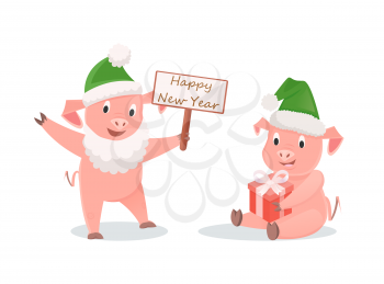 New Year pigs with gift box and greeting signboard. Piglets as zodiac symbol of 2019, white beard and hat, present with bow vector illustrations isolated